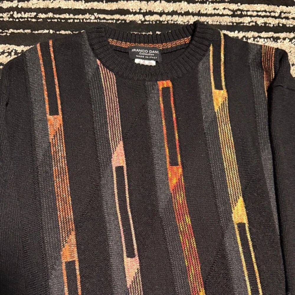 Men's Black Crewneck Sweater with Multicolor Stripes - Picture 3 of 4